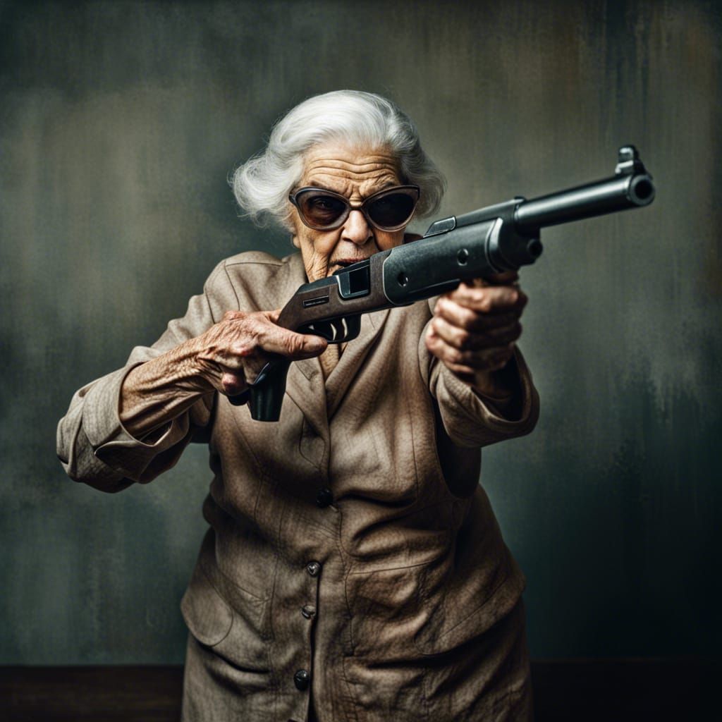 Dynamic Octogenarian with Shotgun in Psychedelic Art Style