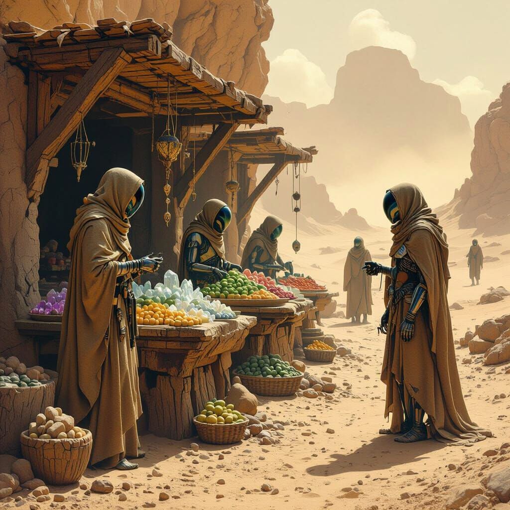 Alien Market on Desert Planet in Surreal Style