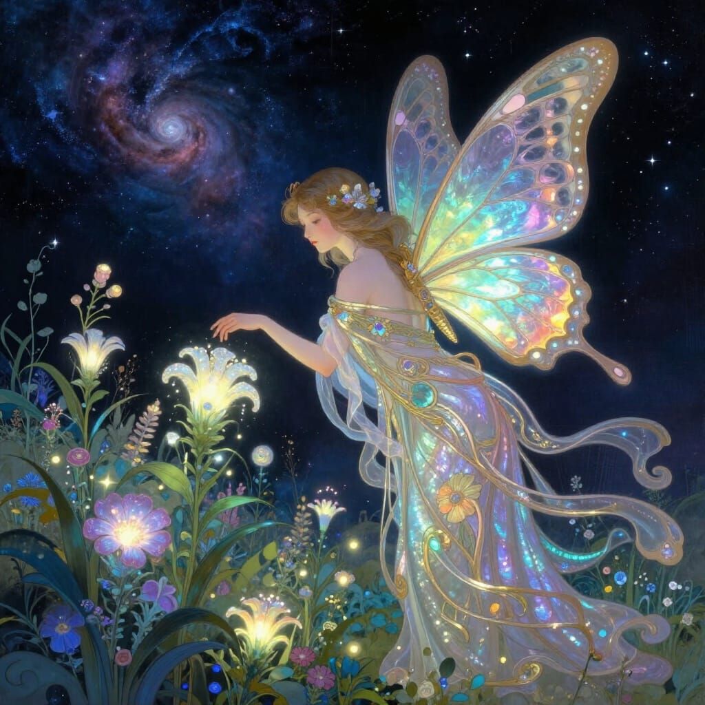 Butterfly Woman Tends Bioluminescent Garden Under Swirling N...