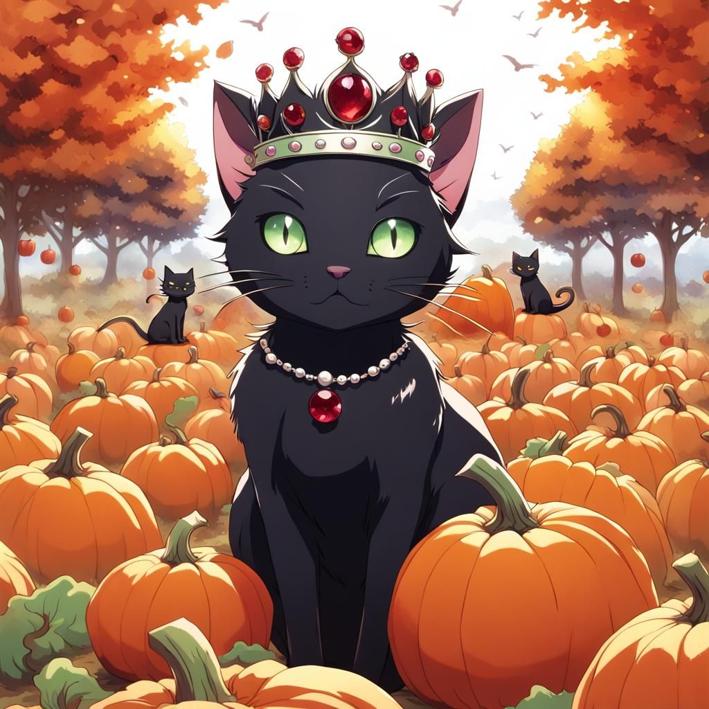 Crowned Black Cat in Pumpkin Patch, Anime Style