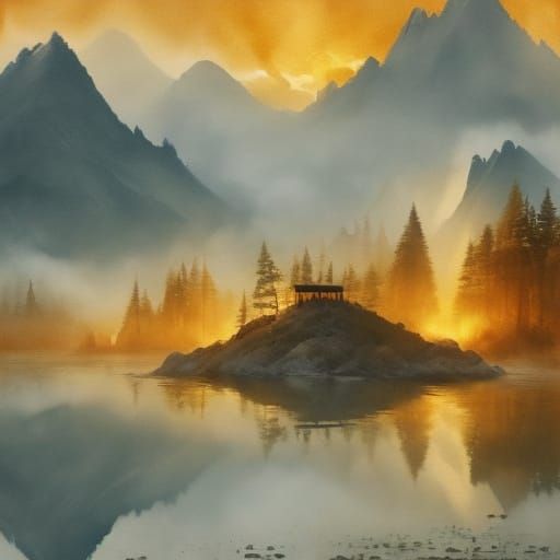 Ethereal Chinese Landscape Painting in Golden Sunset Glow