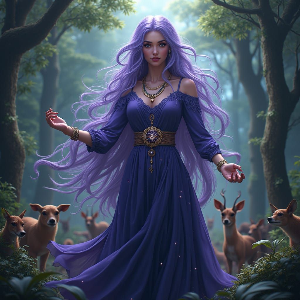 Majestic Priestess Surrounded by Wild Animals in a Vibrant F...