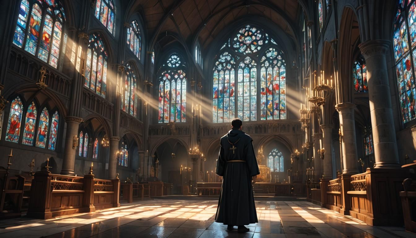 Dramatic Anime Monk in Church with Stained Glass