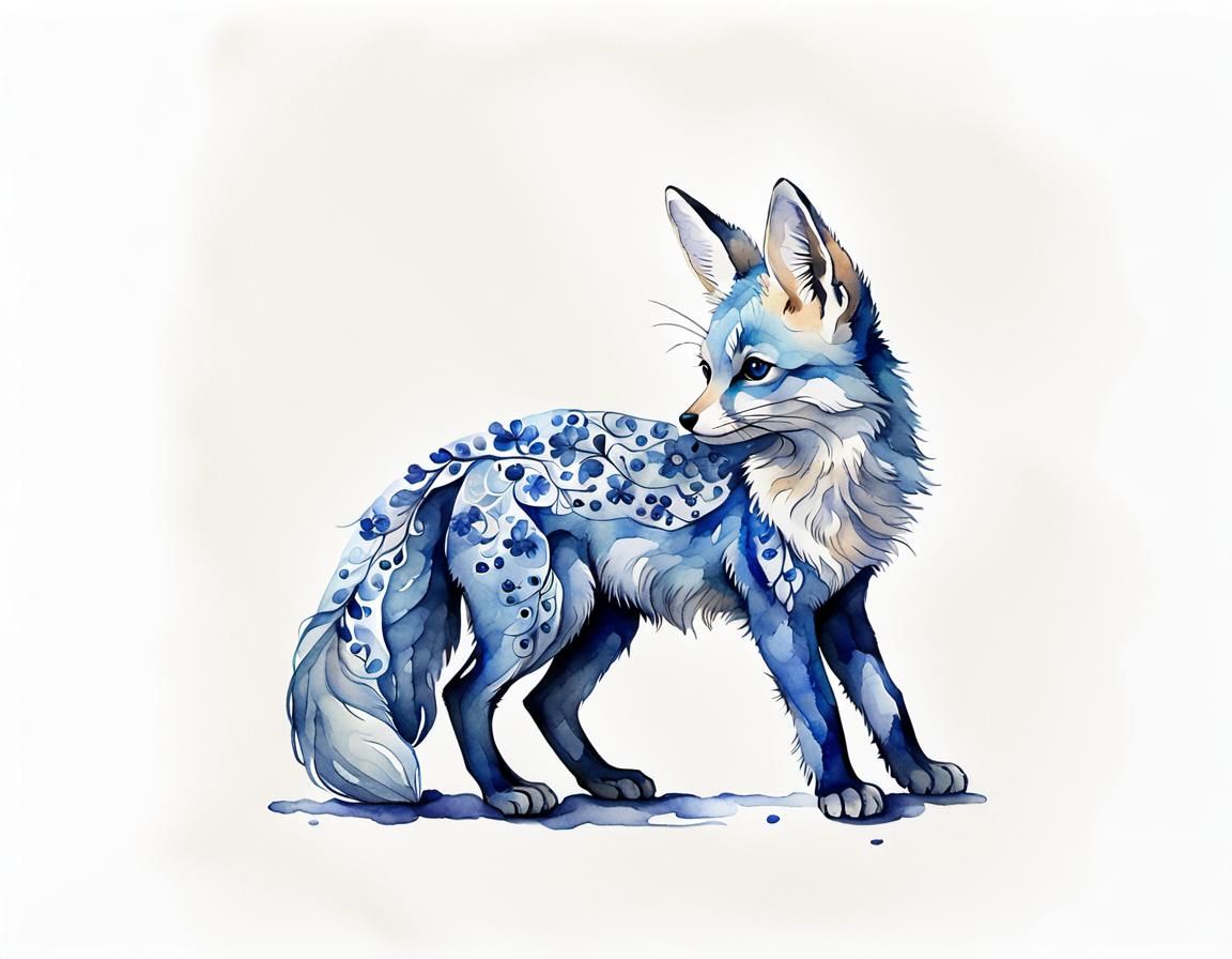 Fennec Fox Watercolor Portrait in Delft Blue Hues