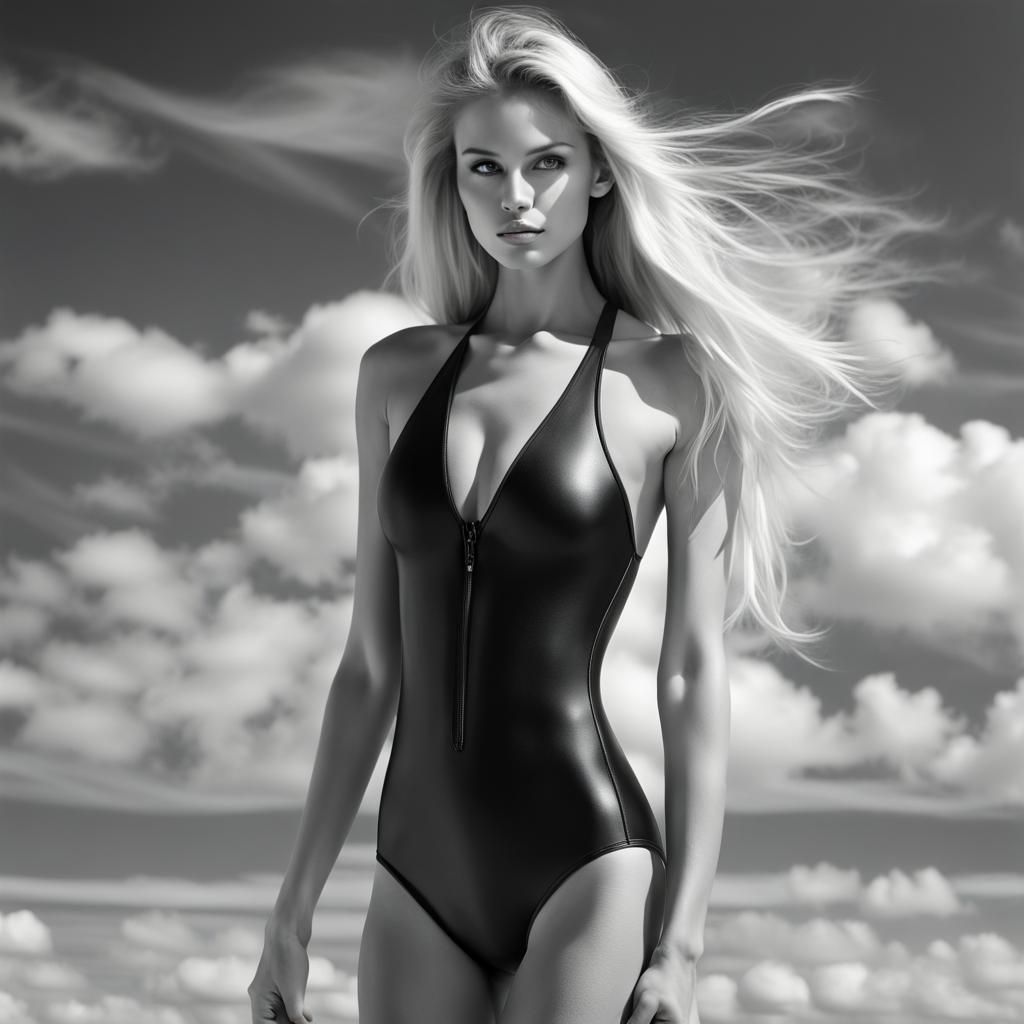 B&W Photo of a Blonde Model in a Shiny Swimsuit