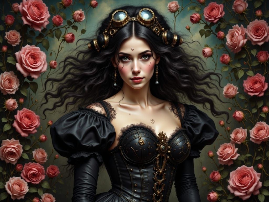 Victorian Woman in Gothic Steampunk Rose Garden