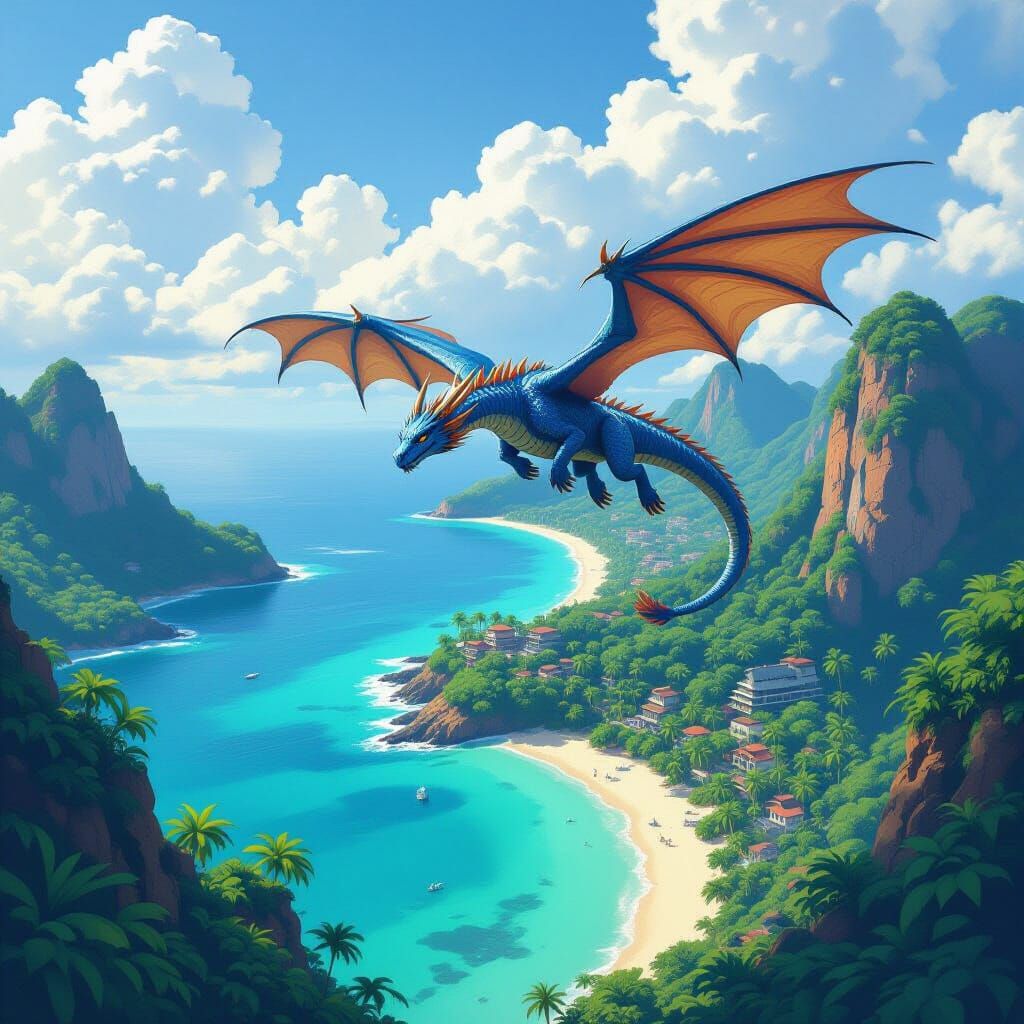 Blue Dragon Flying Over Tropical Island