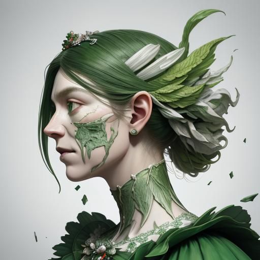 Arcimboldo-Style Pottery Woman in Emerald Porcelain