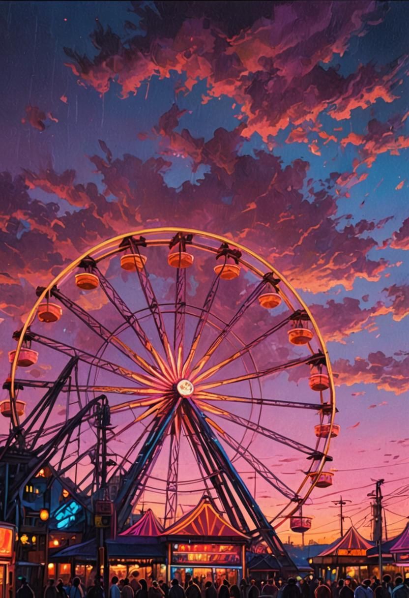 Aesthetic Ferris Wheel at Midnight as Oil Painting