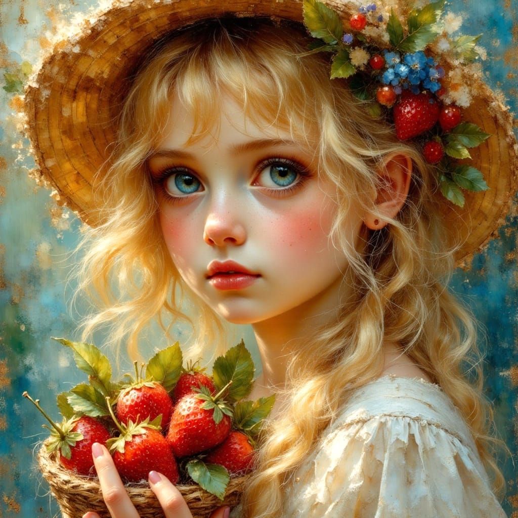 Gypsy Girl Portrait with Strawberries in Oil Painting Style