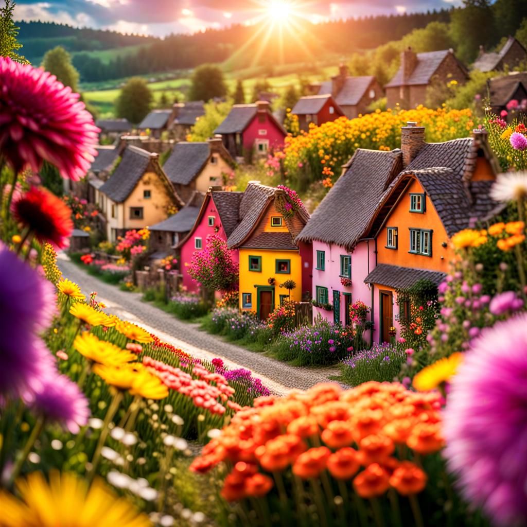 Vibrant Floral Village in Dreamy Sunlight