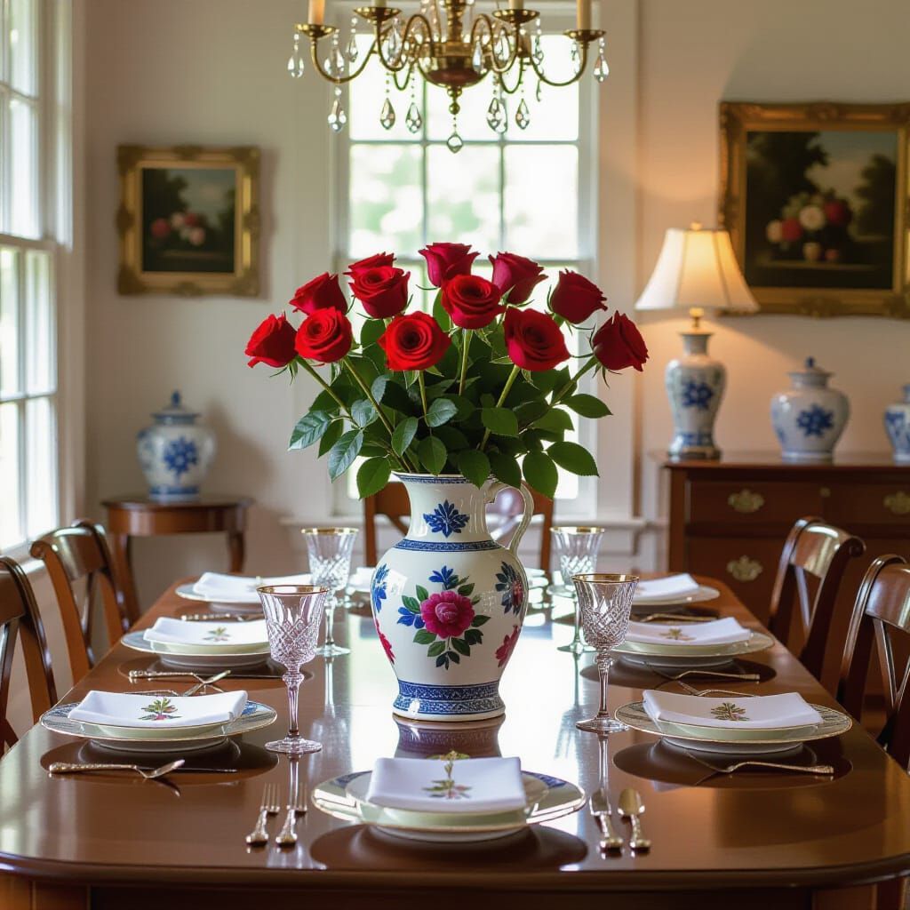 Vibrant Roses on a Table Set for Ten