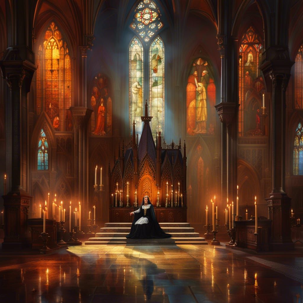Gothic Popess in Cathedral Oil Painting