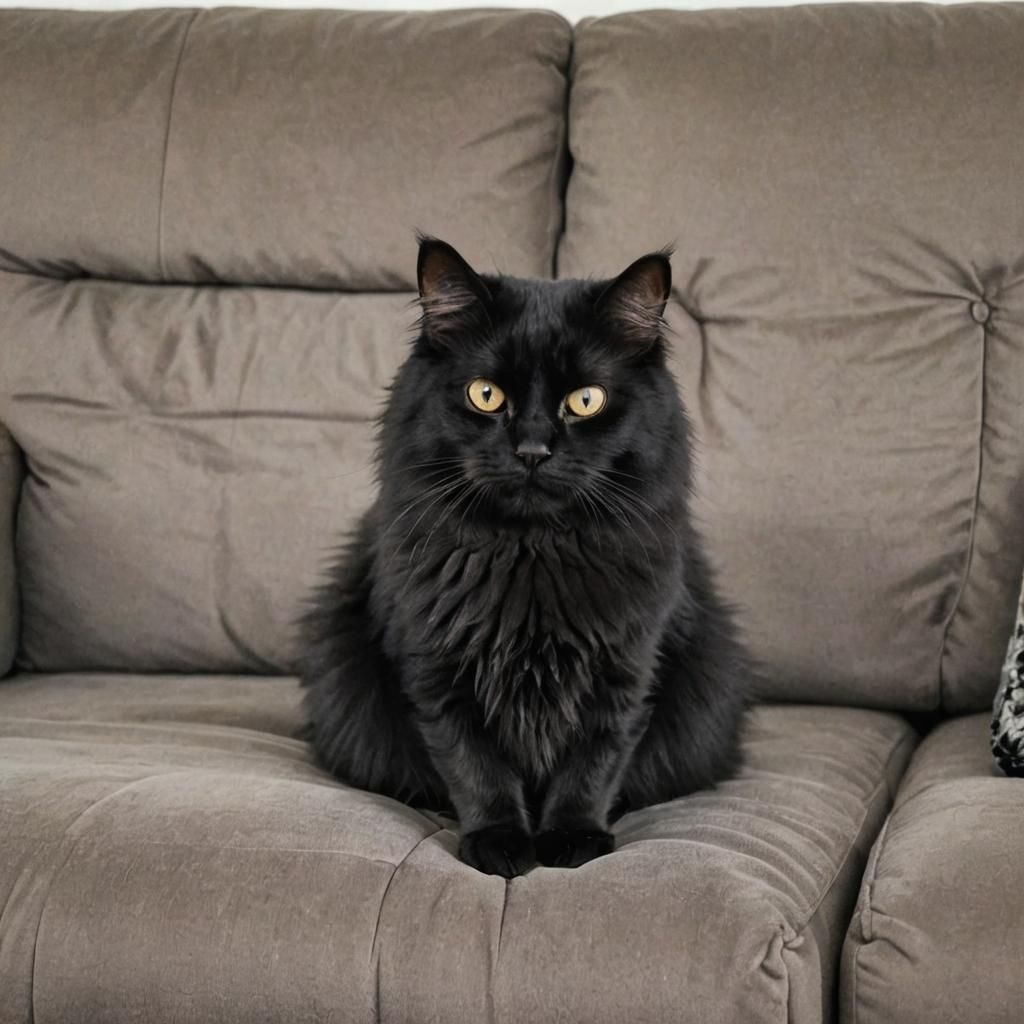 Fluffy Black Cat Lounging on a Couch