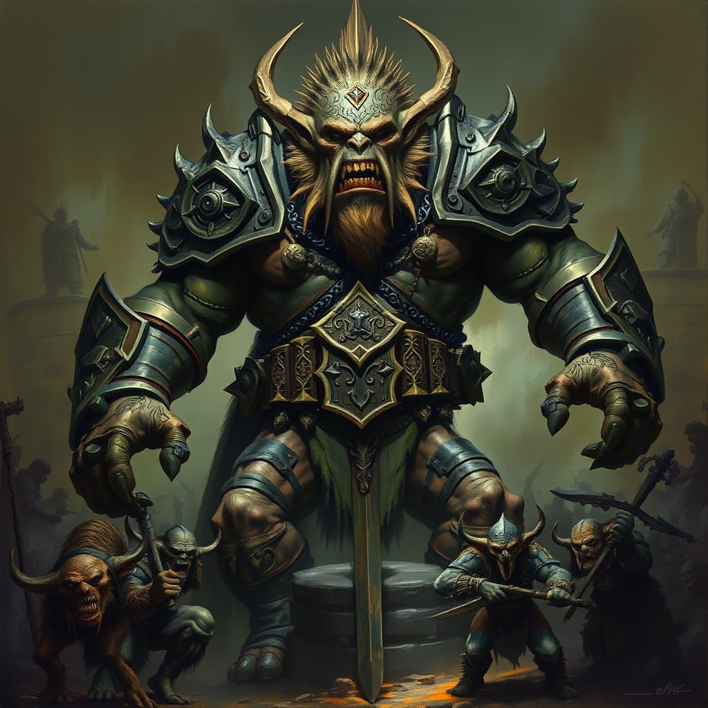 Imposing Troll Confronts Goblin Horde in Dark, Ominous Scene