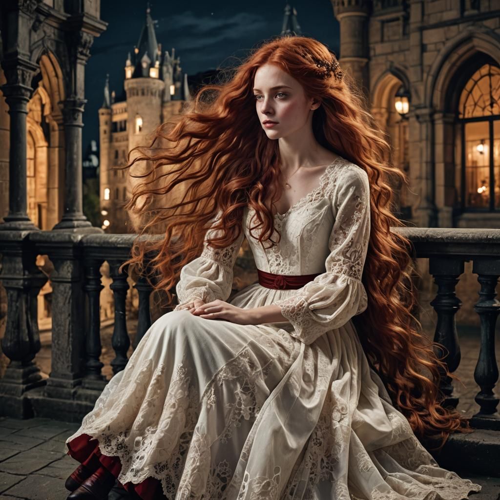 Victorian Woman with Red Hair on Castle Balcony