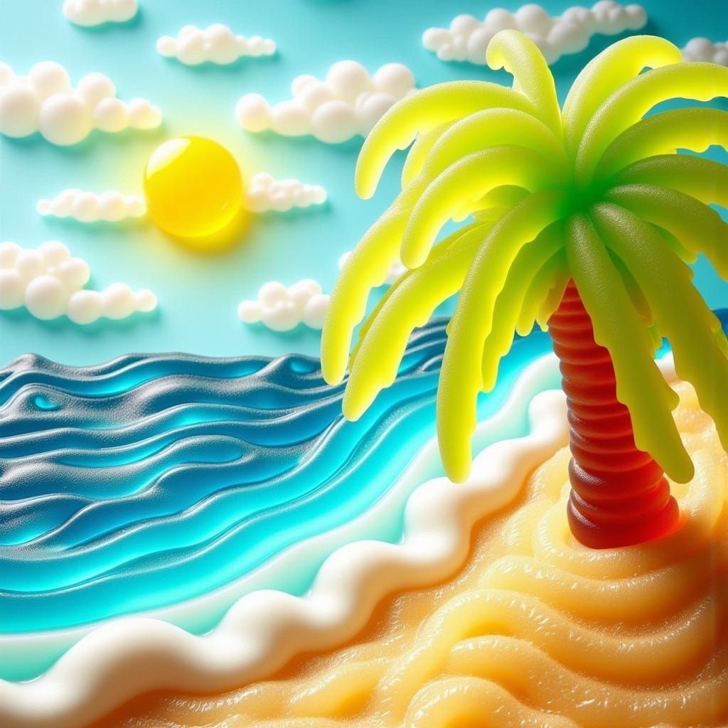 Gummy Candy Beach Landscape with Palm Trees