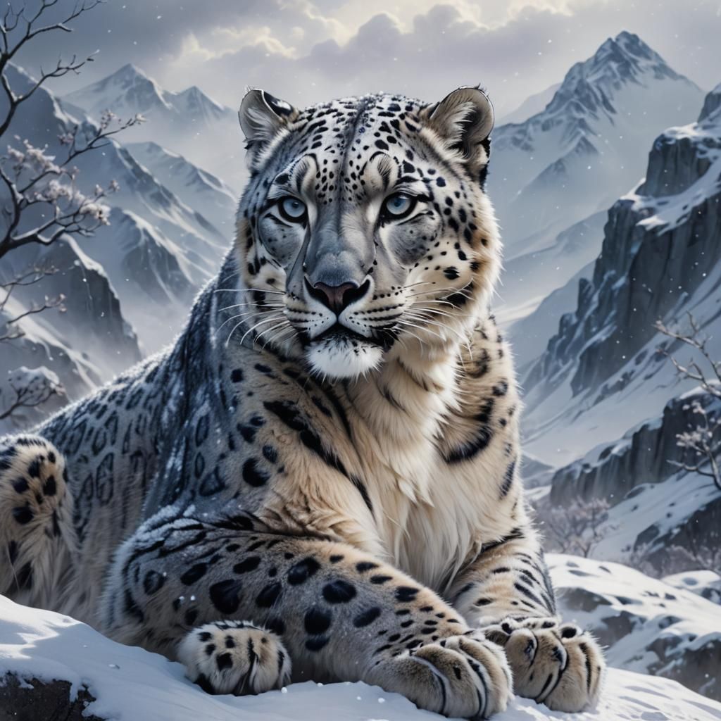Majestic Snow Leopard in High-Fantasy Landscape