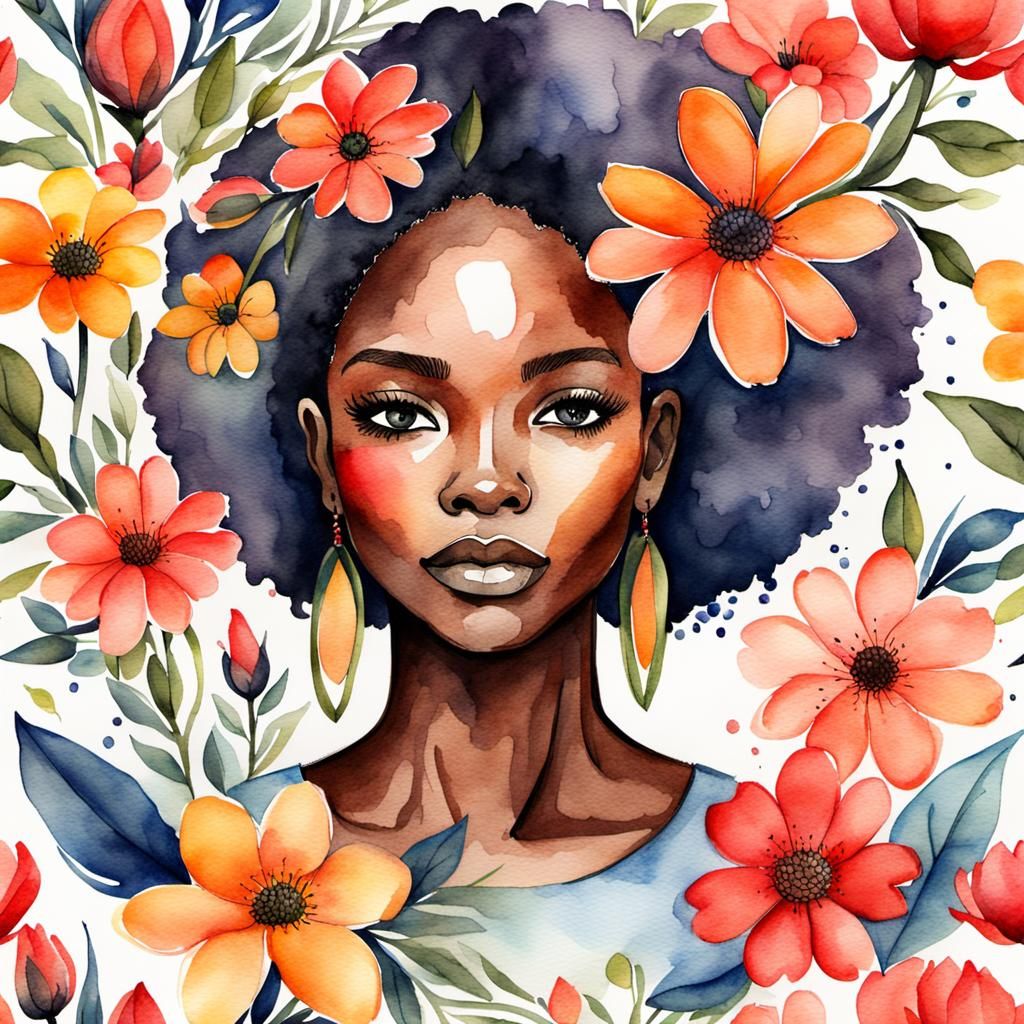 Watercolor and Ink Portrait of Woman with Flowers