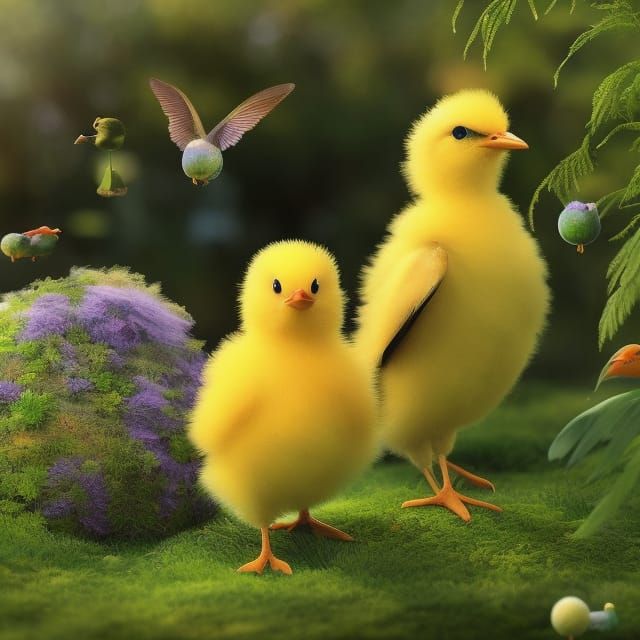 Whimsical Chicks Frolicking in a Dreamy Meadow