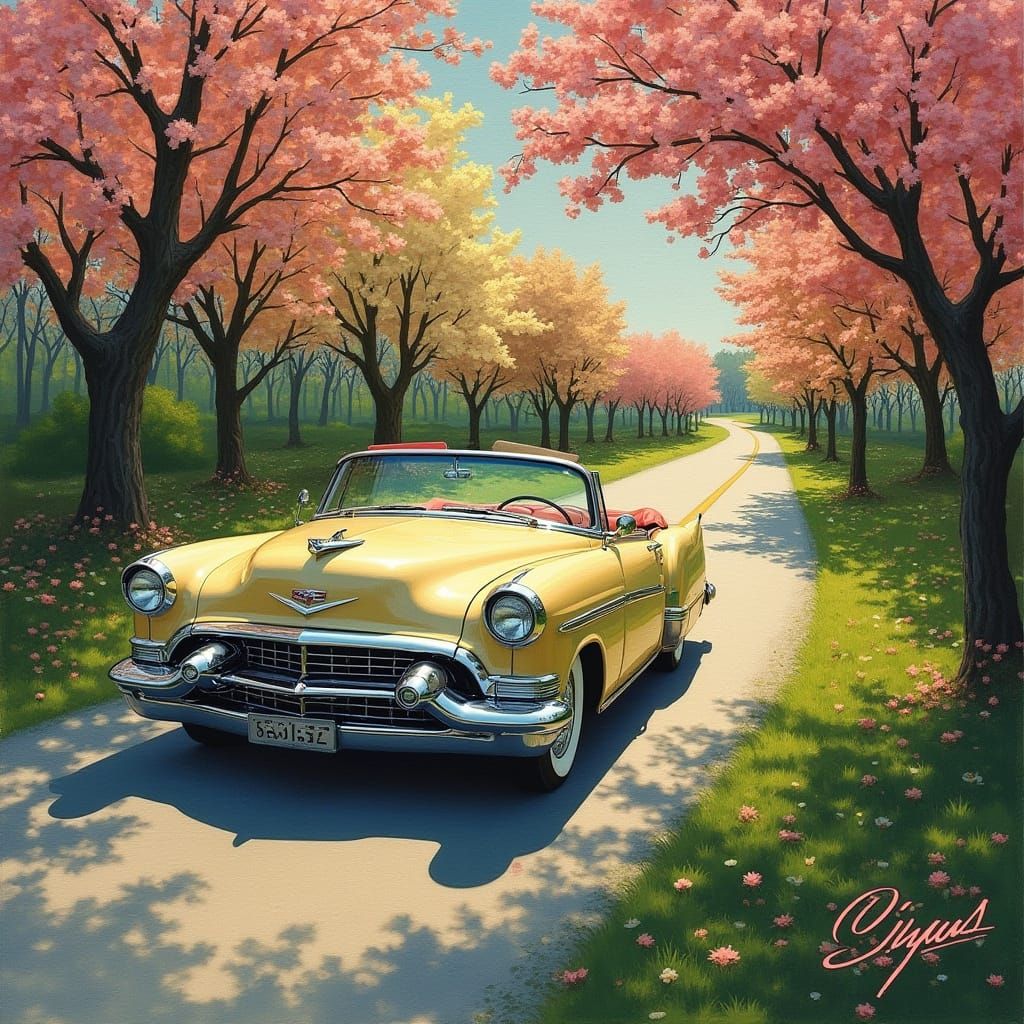 Vintage Car in Springtime Landscape, Mixed Media Art