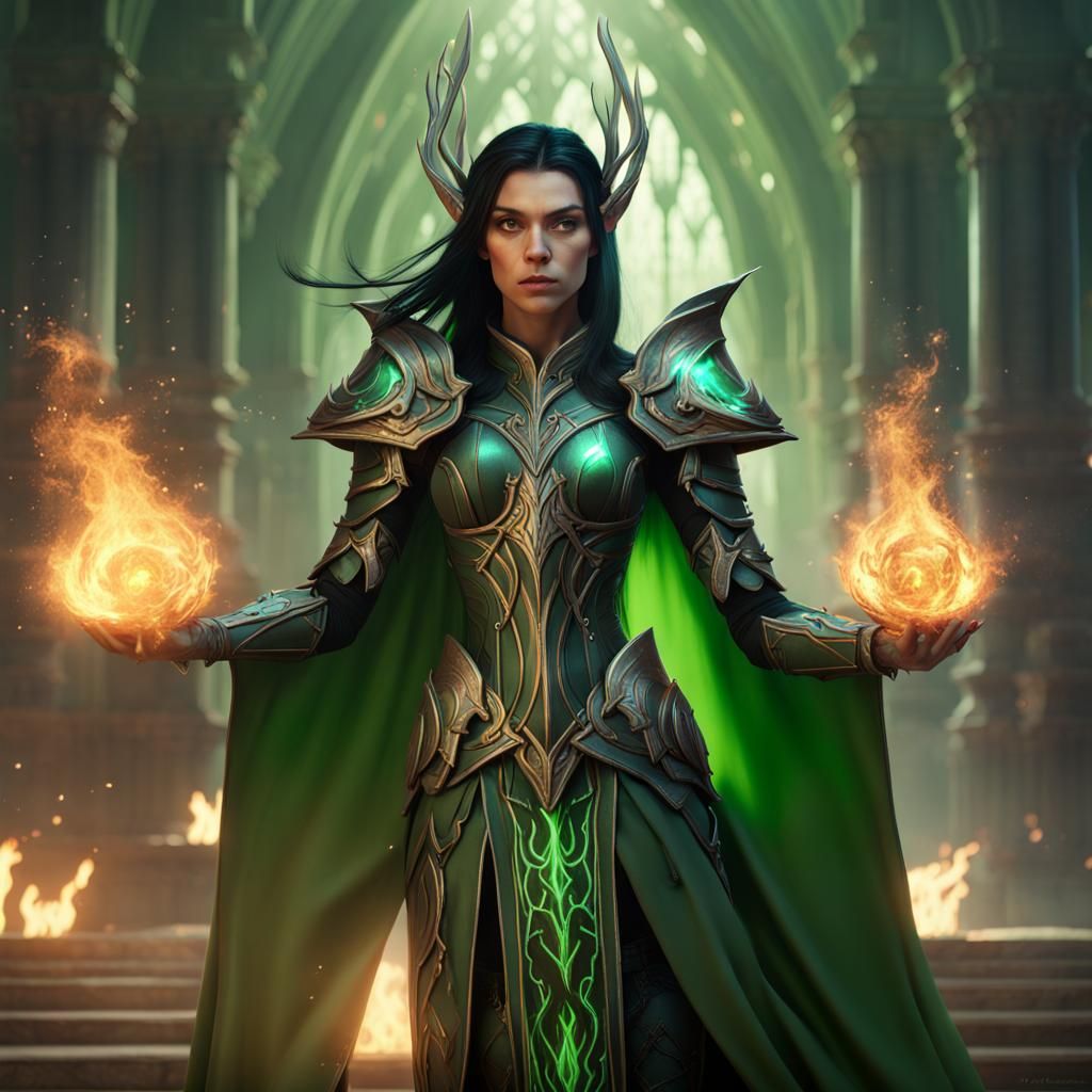 High Elf Wizard with Green Flames, Fantasy Art