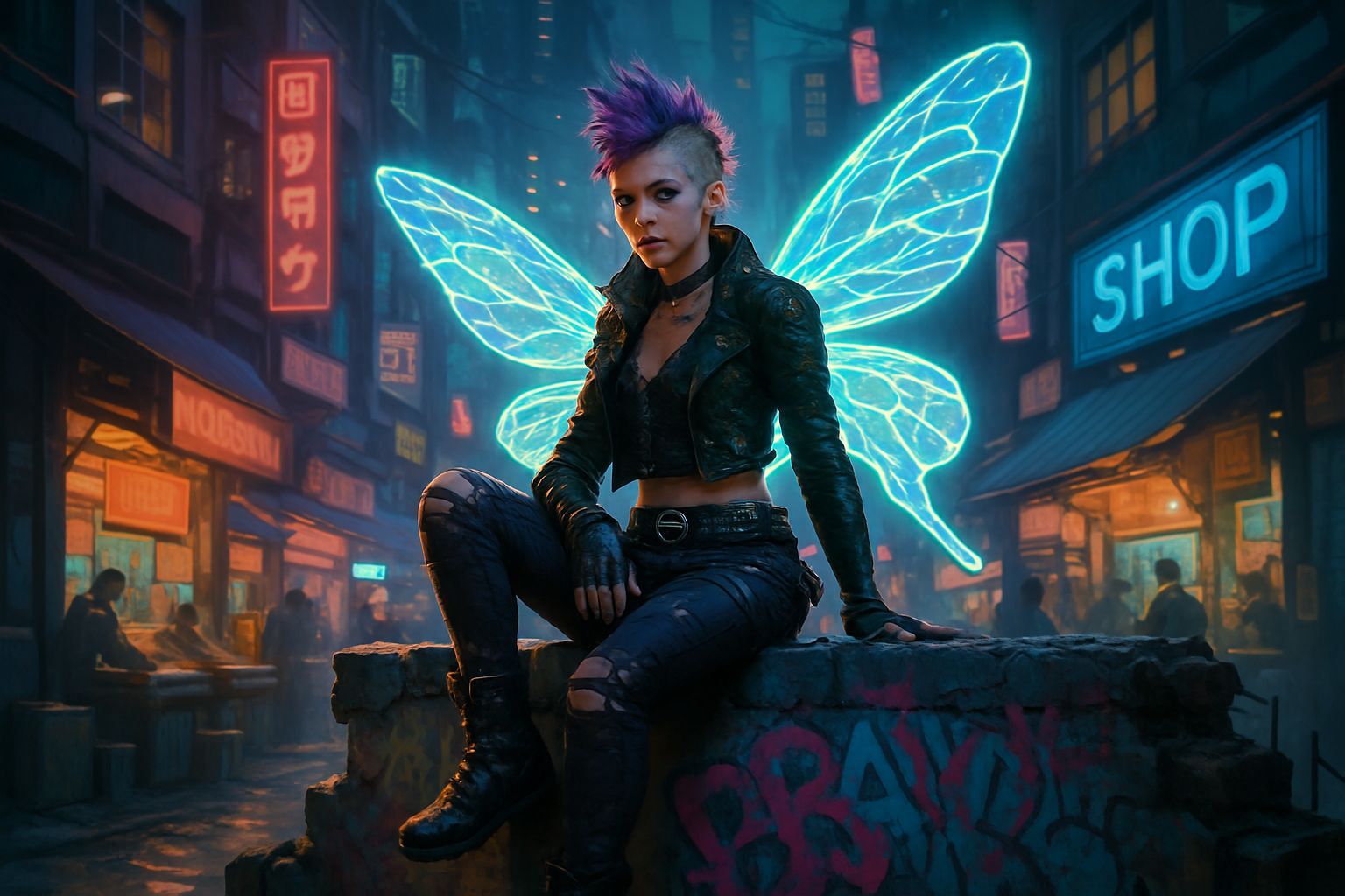Sci-Fi Punk Fairy in Futuristic Cityscape