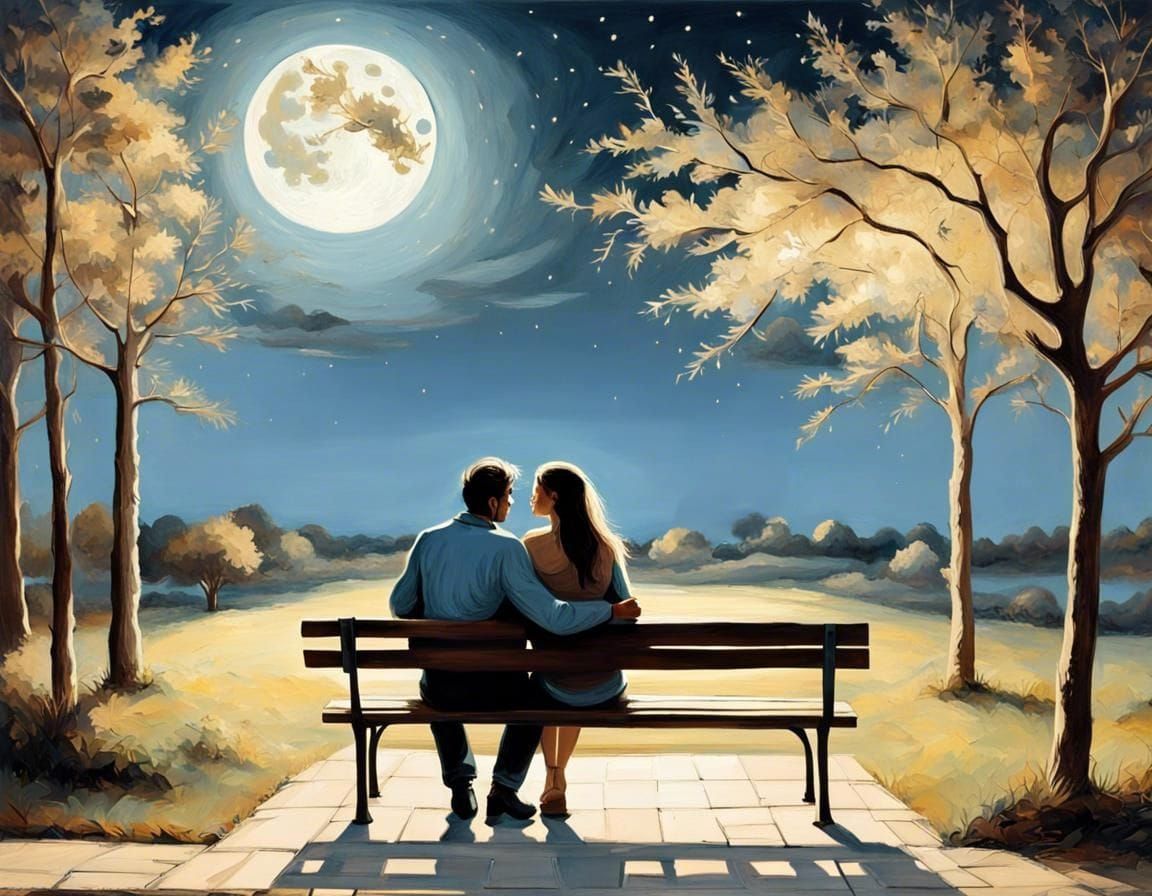 Romantic Couple Under Moonlight in Magical Landscape