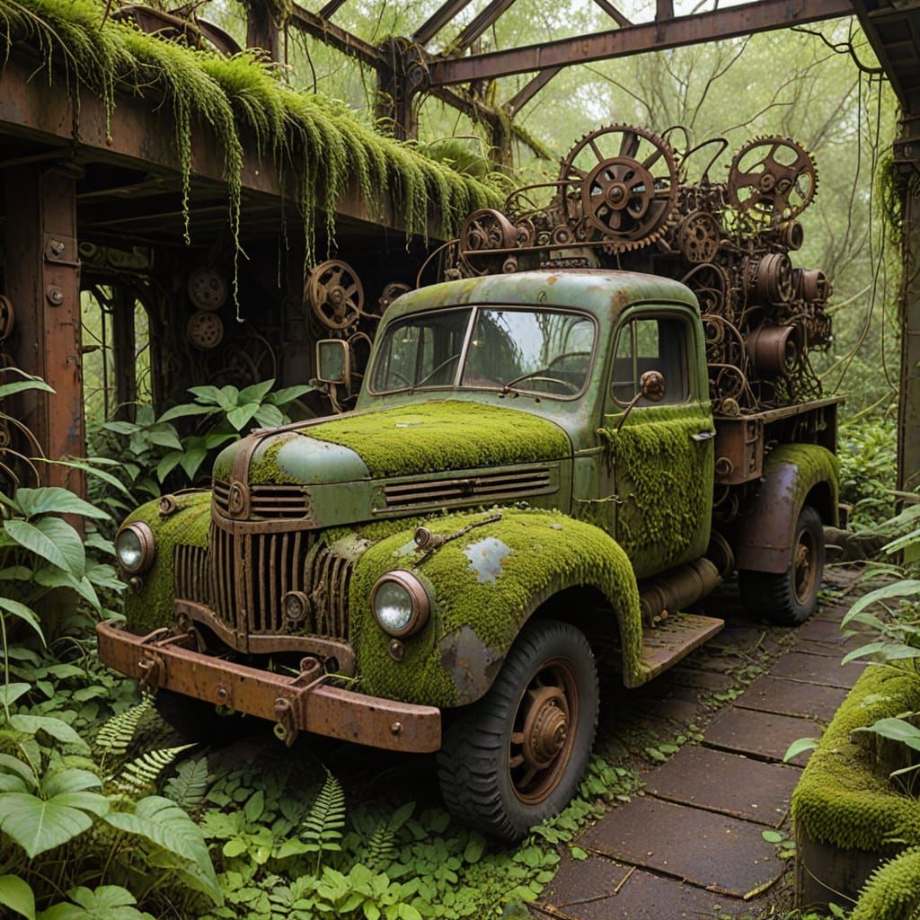 Surreal Clockwork Garden Overgrown with Moss and Vines