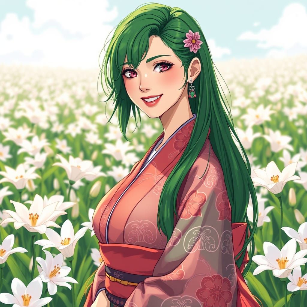Green-Haired Woman in Kimono Among Lilies, Manga Style