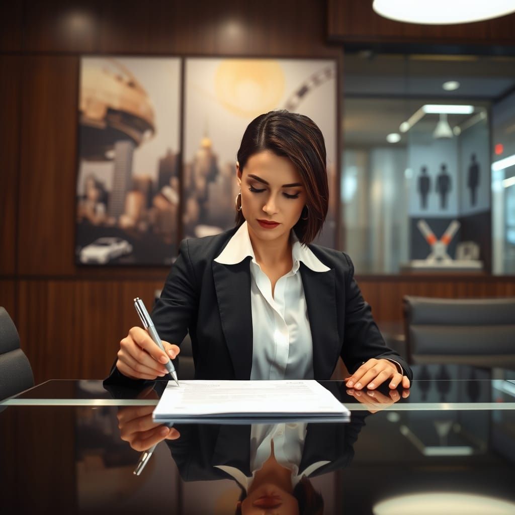 Woman Signs Confidential Document in Futuristic Boardroom