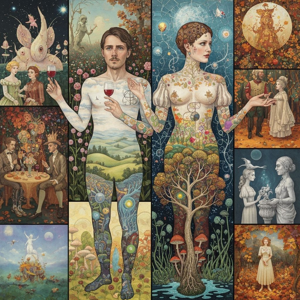 Surreal Garden Party in Dreamlike Mixed Media Style