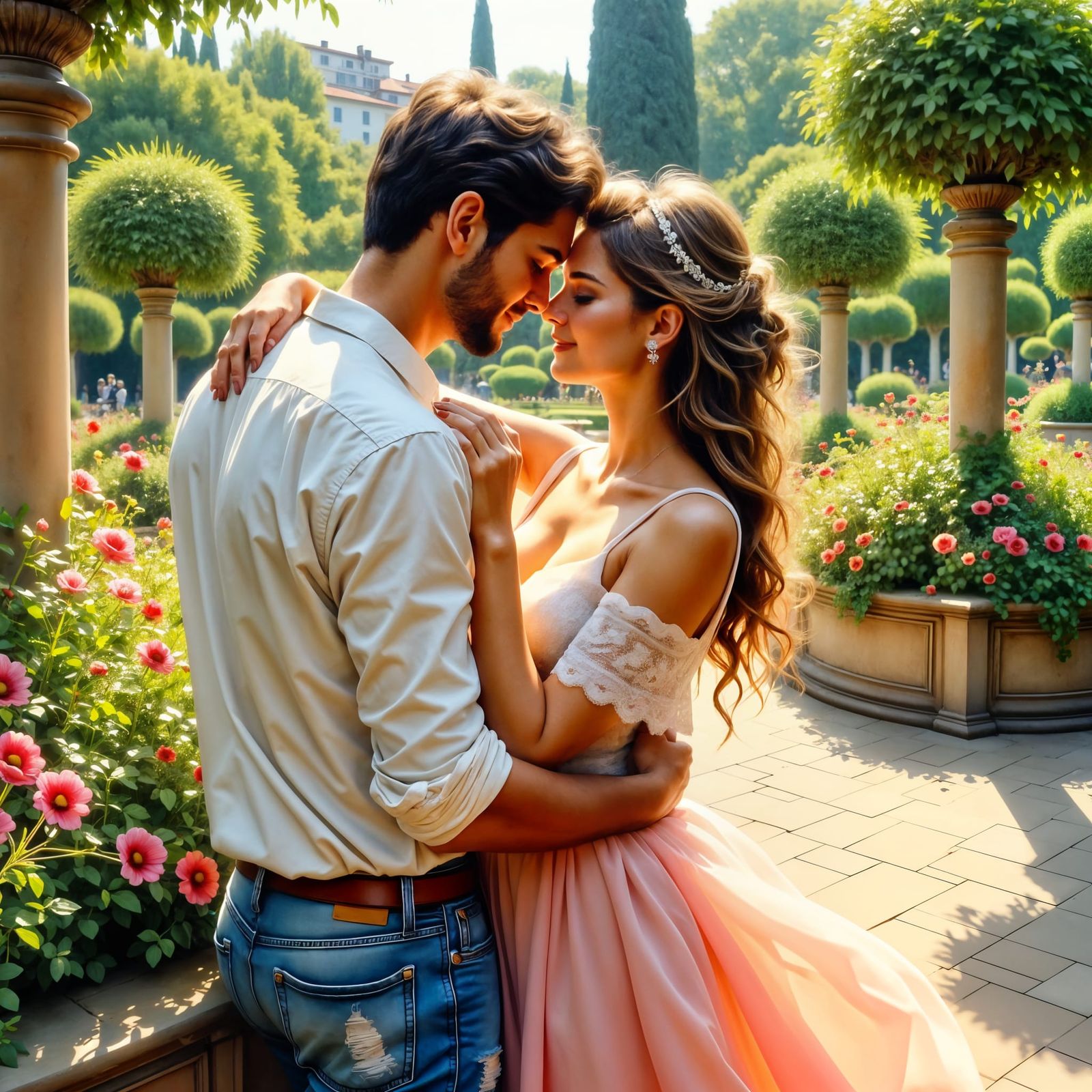 Italian Couple's Romantic Embrace: Impasto Oil Glaze