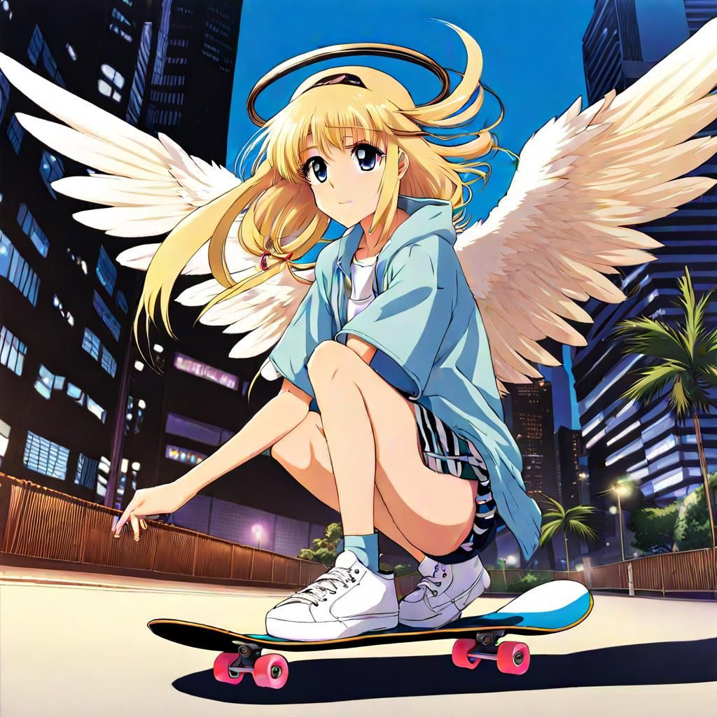 Anime Angel Shreds: Blonde Skateboarder in Action