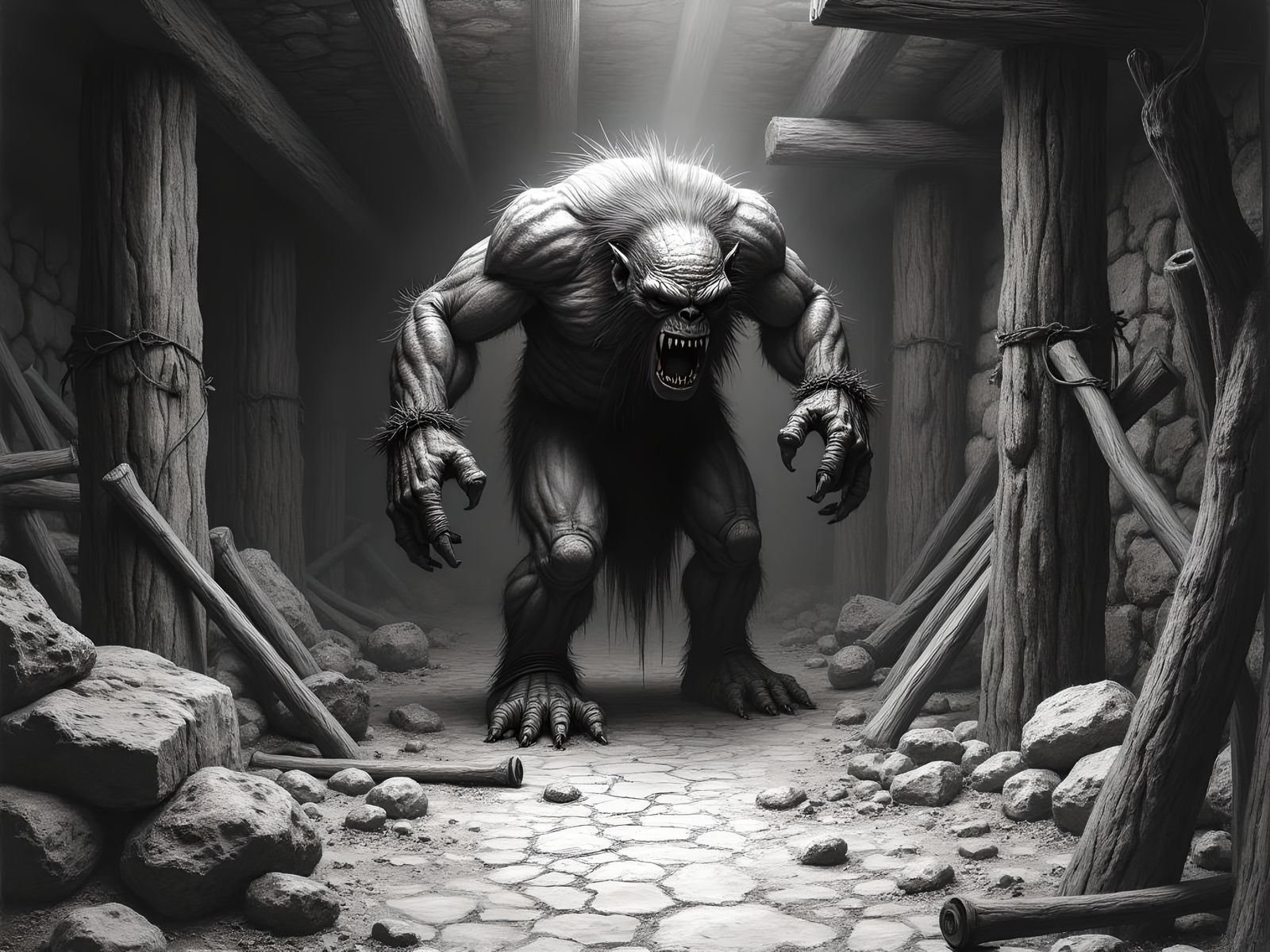 Troll in Dwarven Mine: Charcoal Drawing