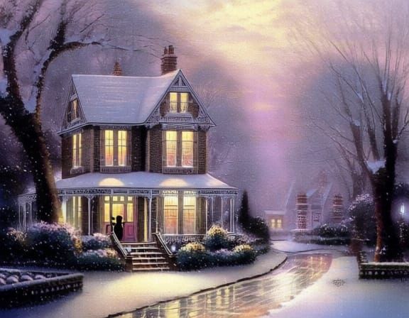 Cozy Snow-Dusted Victorian House in Gentle Snowfall