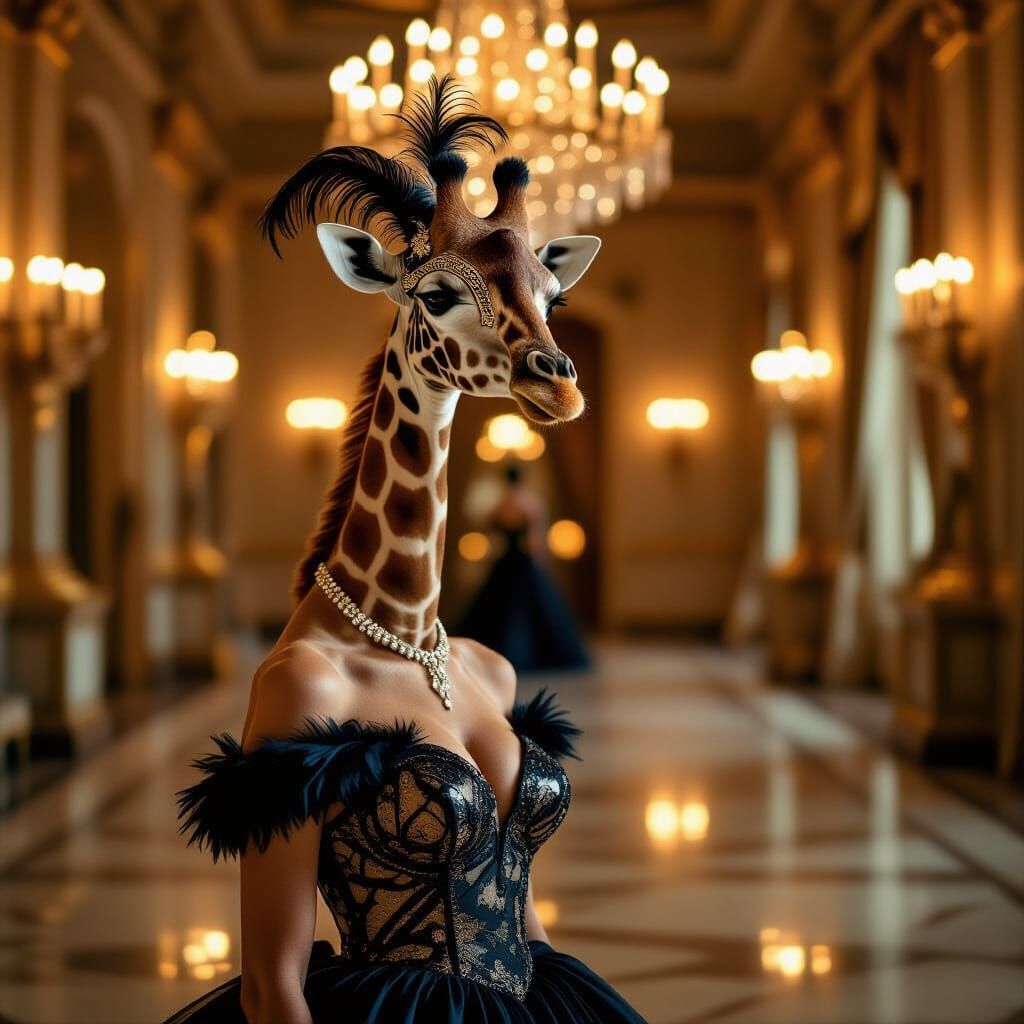 Giraffe in Gown and Mask in Ballroom, Macro Photography