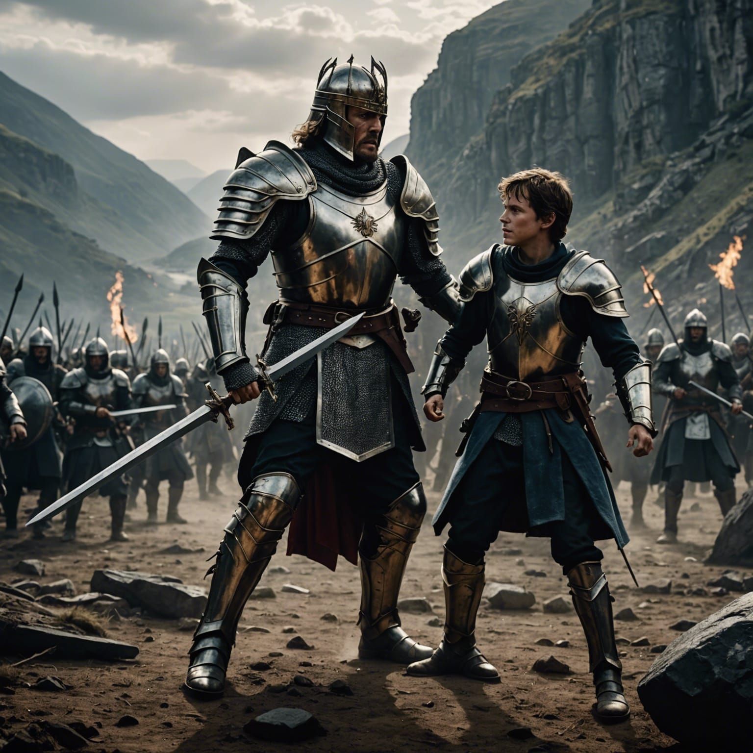 The King and his son dressed in armor fight side by side against the forces of darkness, blocking the narrow valley and ...