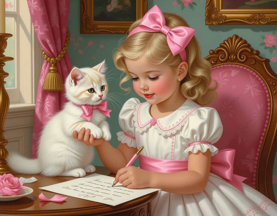 Girl Writing Letter with Kitten in Pin-Up Style