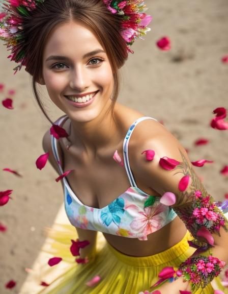 Cute Girl with Flower Skirt in Digital Art Style