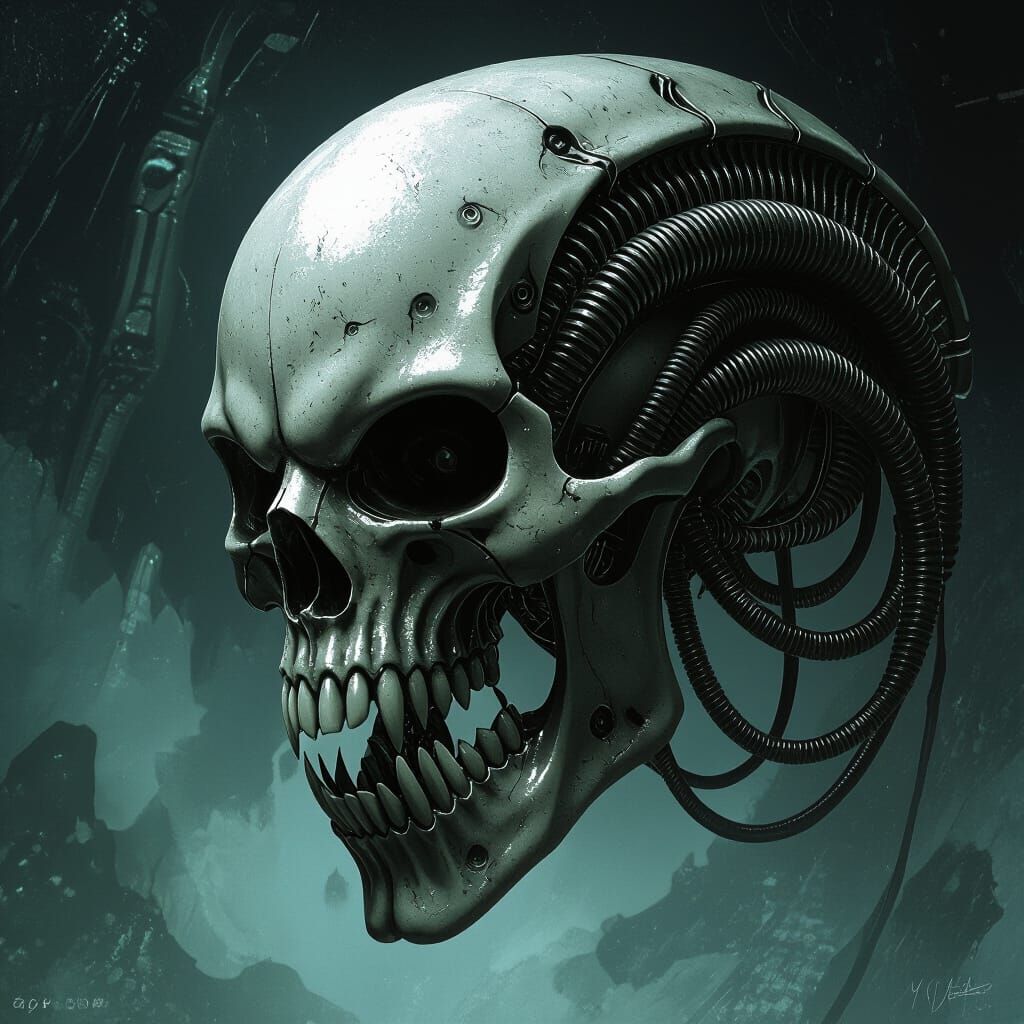 Biomechanical Alien Skull with Sharp Teeth in Giger Style