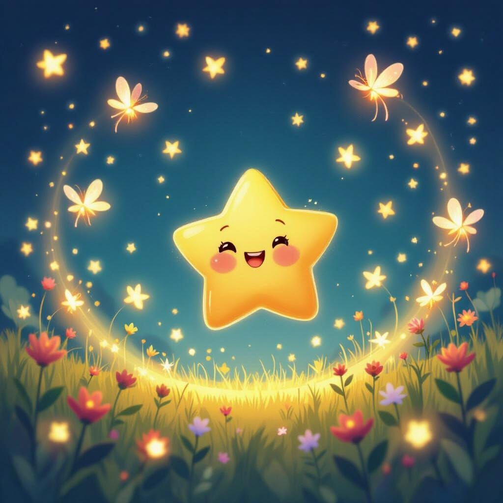 Joyful Star Dances With Glowing Fireflies in Whimsical Night...