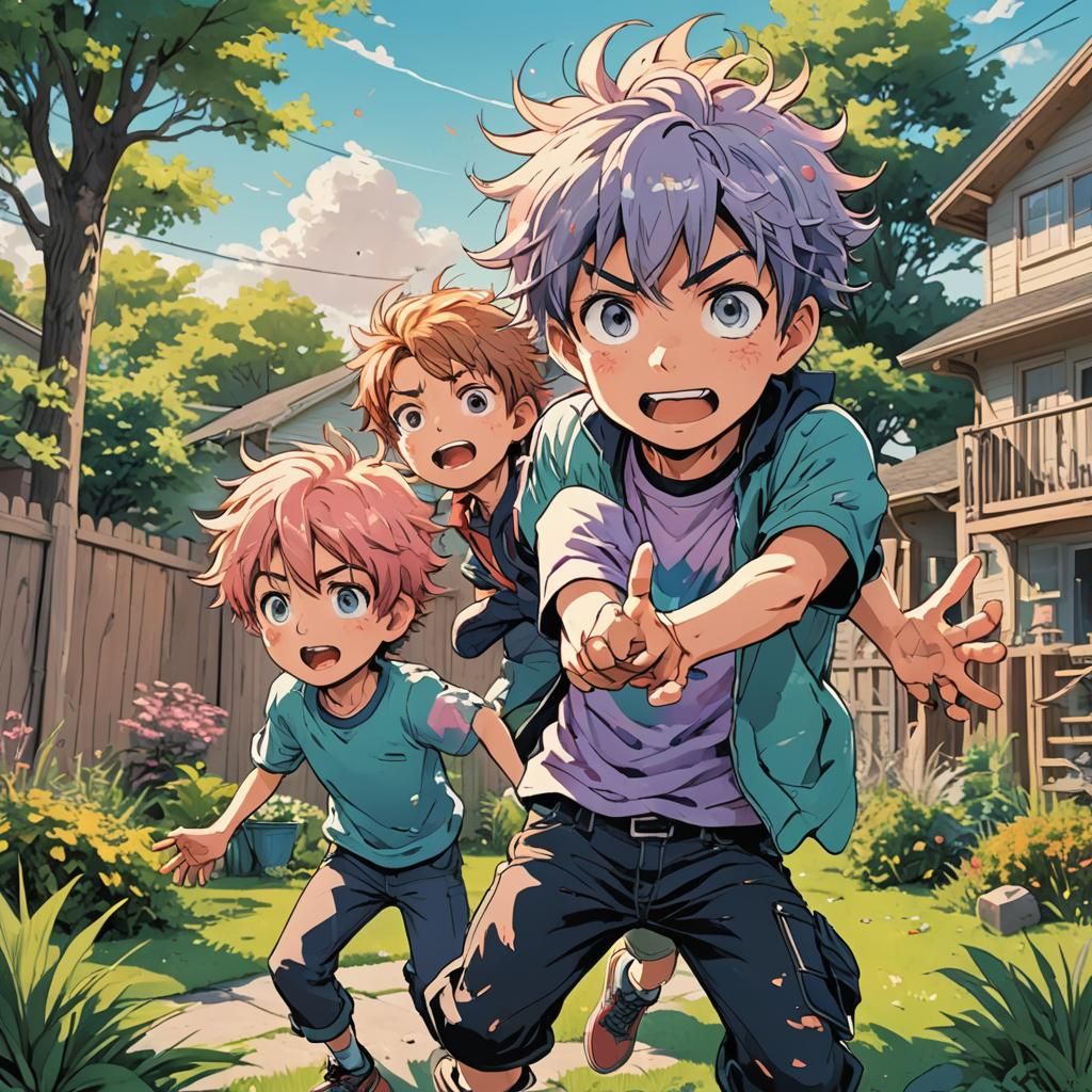 Brothers Playing in Backyard, Manga Style Illustration