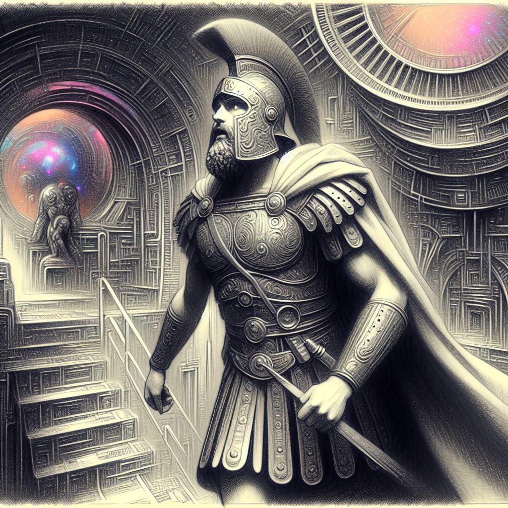 Greek Warrior on Alien Spaceship, Sci-Fi Charcoal Art
