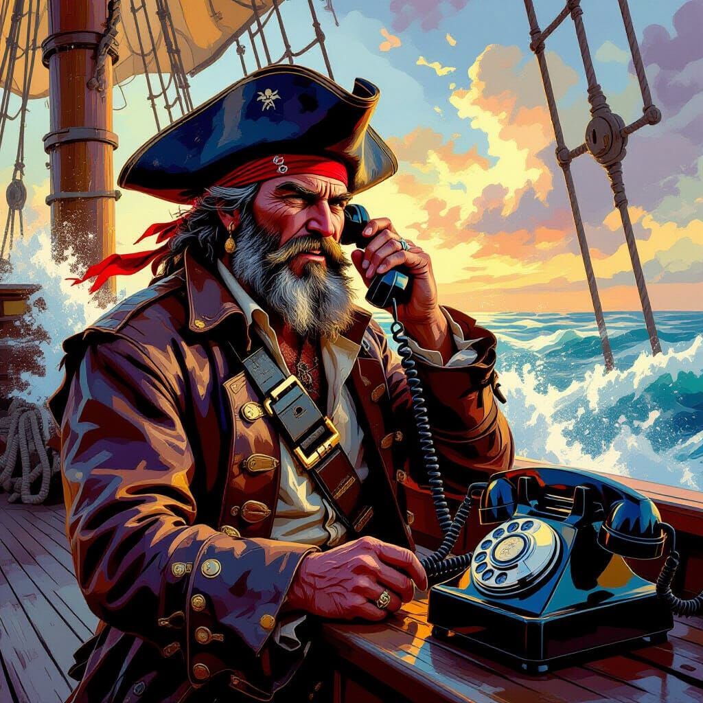 Pirate Talking on Rotary Phone in Abstract Style