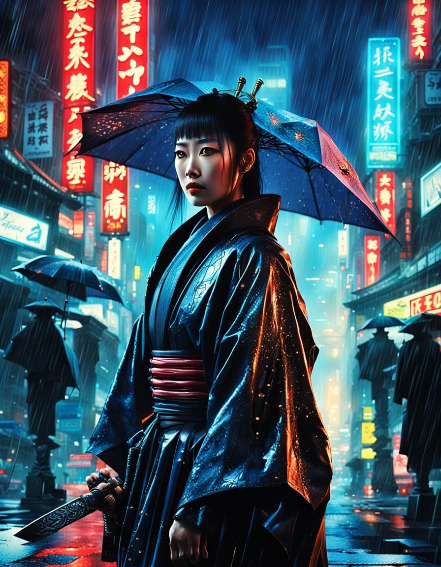 Cyberpunk Bounty Hunter in Rainy City