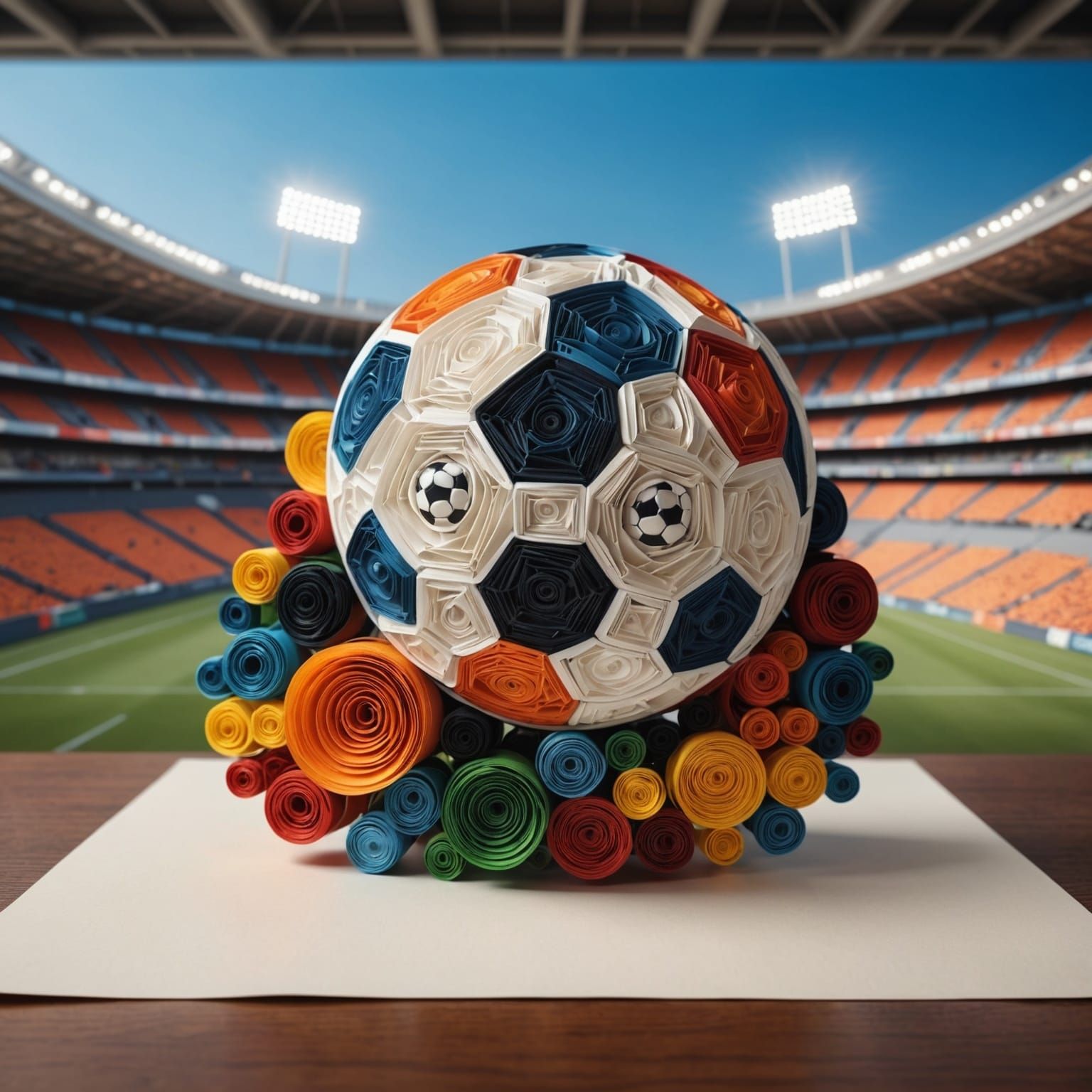 Photorealistic Paper Quilling Soccer Ball in Stadium