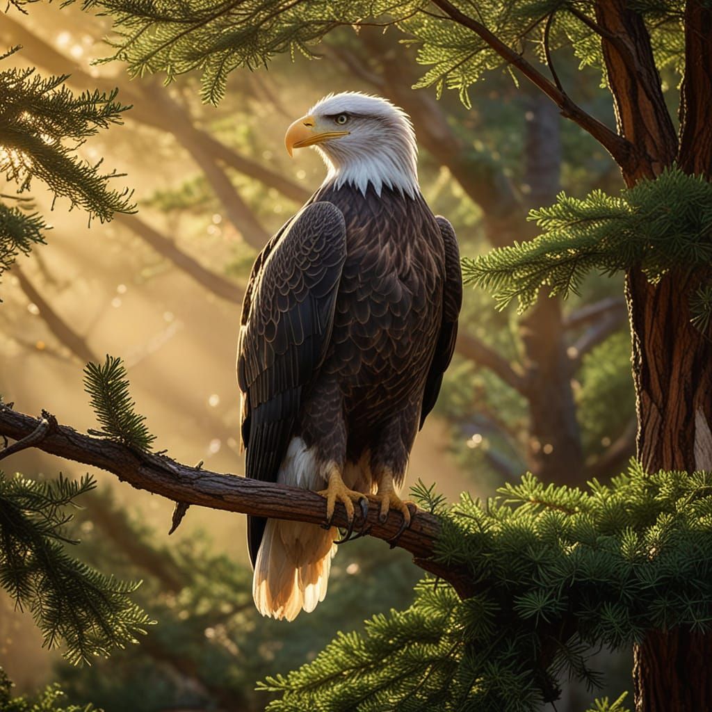 Majestic Bald Eagle Perched in Evergreen Glory