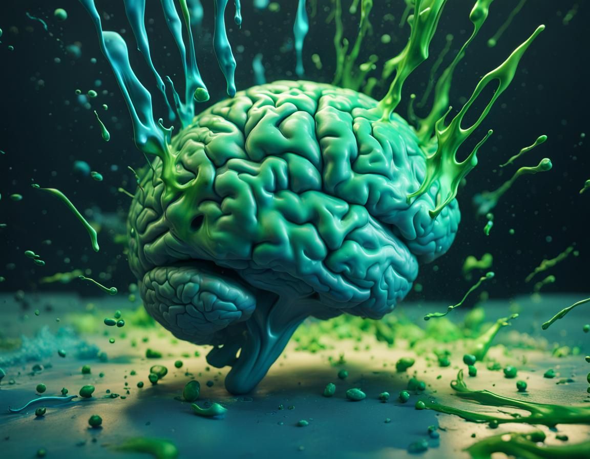 Exploding Brain in Blue and Green Paint: Hyperrealistic 3D R...