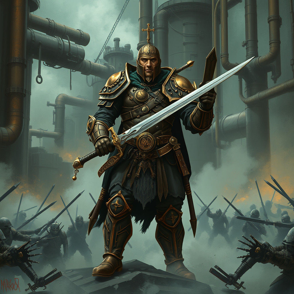 Steampunk Russian Warrior Confronts Foes in Industrial Ruins